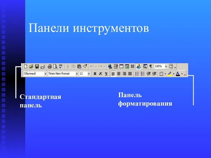 Панели инструментов Стандартная панель Панель форматирования