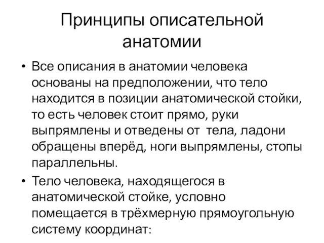 Принципы описательной анатомии Все описания в анатомии человека основаны на