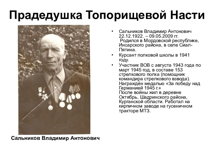 Прадедушка Топорищевой Насти Сальников Владимир Антонович Сальников Владимир Антонович 22.12.1922.