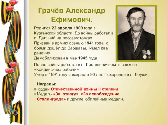 Грачёв Александр Ефимович. Родился 22 апреля 1900 года в Курганской области. До войны