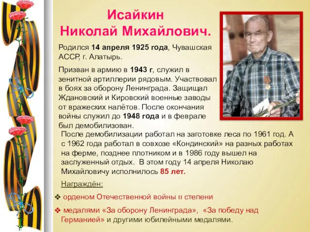 Исайкин Николай Михайлович. Родился 14 апреля 1925 года, Чувашская АССР,