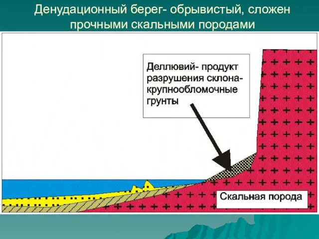 Денудационный берег- обрывистый, сложен прочными скальными породами