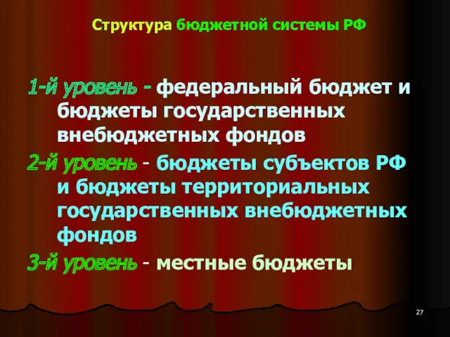 Структура бюджетной системы РФ 1-й уровень - федеральный бюджет и