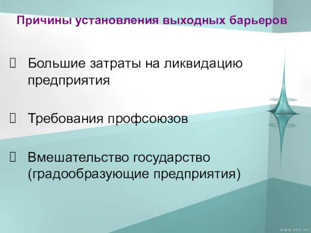 Причины установления выходных барьеров Большие затраты на ликвидацию предприятия Требования профсоюзов Вмешательство государство (градообразующие предприятия)