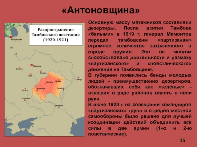 «Антоновщина» Основную массу мятежников составляли дезертиры. После взятия Тамбова «белыми»