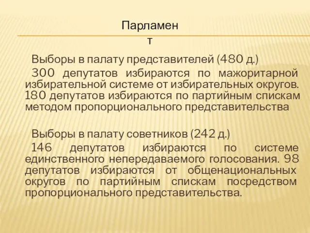 Выборы в палату представителей (480 д.) 300 депутатов избираются по