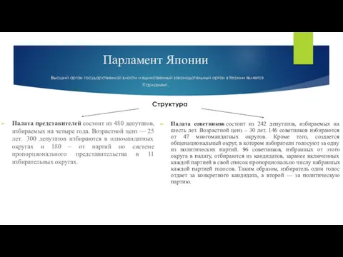 Парламент Японии Высший орган государственной власти и единственный законодательный орган