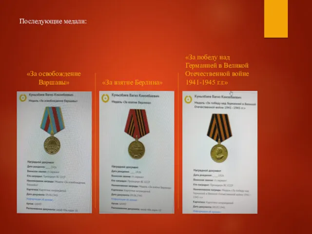 Последующие медали: «За освобождение Варшавы» «За взятие Берлина» «За победу