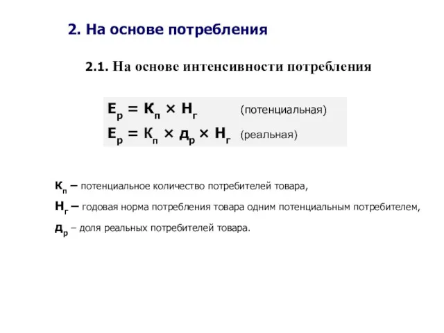 2. На основе потребления 2.1. На основе интенсивности потребления Ер