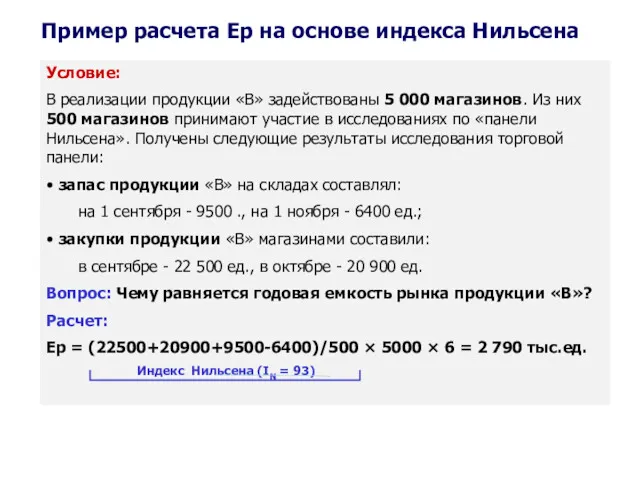 Пример расчета Ер на основе индекса Нильсена Условие: В реализации