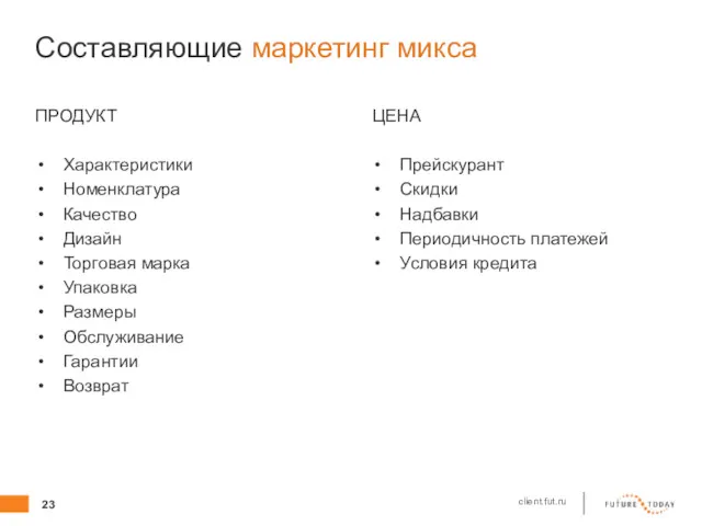 Составляющие маркетинг микса ПРОДУКТ Характеристики Номенклатура Качество Дизайн Торговая марка