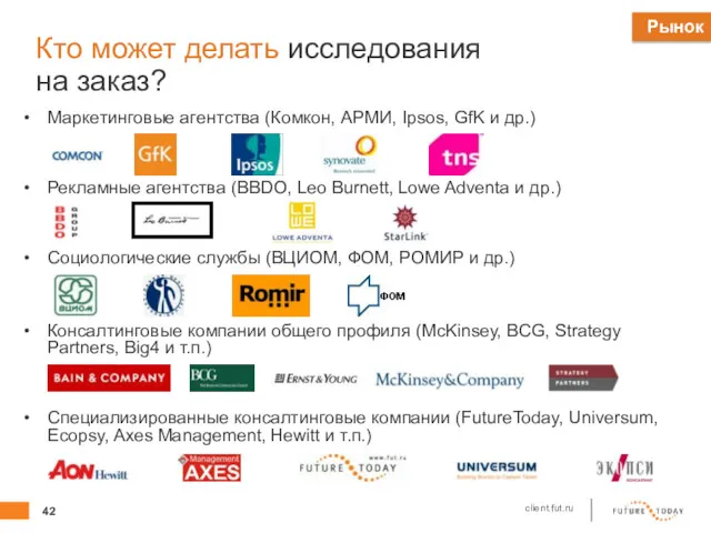 Кто может делать исследования на заказ? Маркетинговые агентства (Комкон, АРМИ,