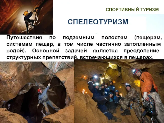 СПЕЛЕОТУРИЗМ СПОРТИВНЫЙ ТУРИЗМ Путешествия по подземным полостям (пещерам, системам пещер, в том числе