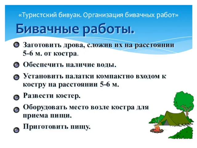 Бивачные работы. «Туристский бивуак. Организация бивачных работ» Заготовить дрова, сложив