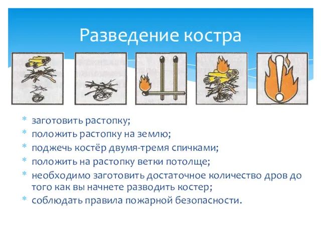 заготовить растопку; положить растопку на землю; поджечь костёр двумя-тремя спичками;