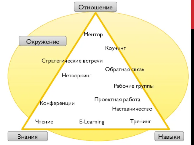 Навыки Знания Отношение Окружение Чтение Тренинг E-Learning Коучинг Ментор Рабочие группы Конференции Нетворкинг