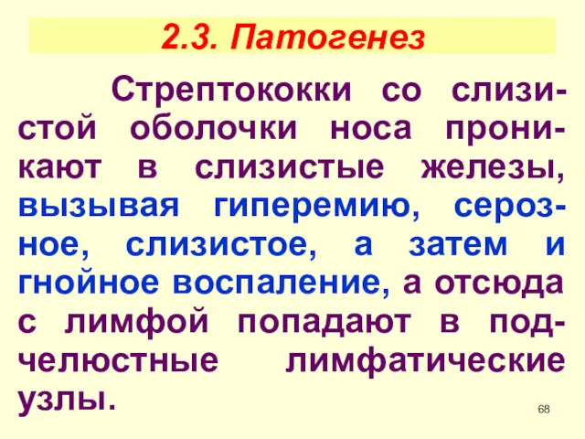 2.3. Патогенез Стрептококки со слизи-стой оболочки носа прони-кают в слизистые