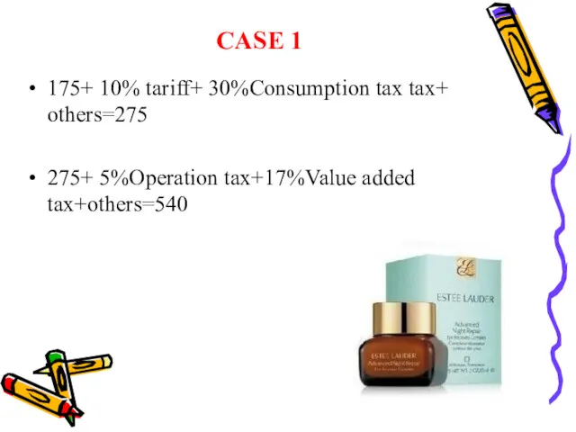 CASE 1 175+ 10% tariff+ 30%Consumption tax tax+ others=275 275+ 5%Operation tax+17%Value added tax+others=540