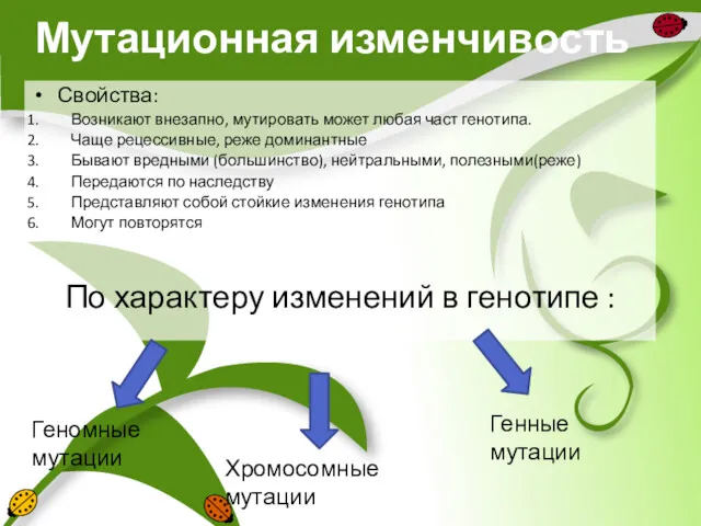 Мутационная изменчивость Свойства: Возникают внезапно, мутировать может любая част генотипа.