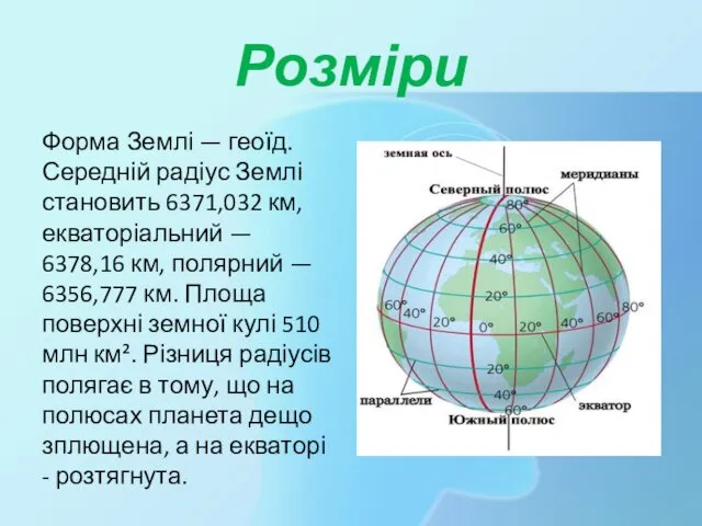 Розміри Форма Землі — геоїд. Середній радіус Землі становить 6371,032