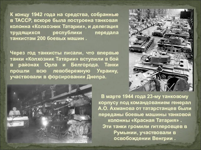 К концу 1942 года на средства, собранные в ТАССР, вскоре