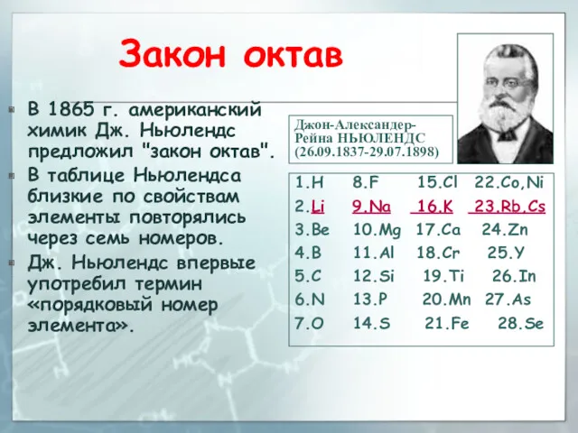 Закон октав В 1865 г. американский химик Дж. Ньюлендс предложил