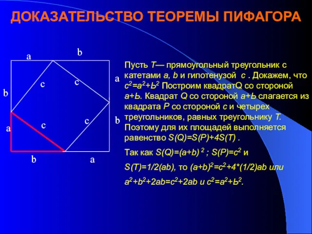 ДОКАЗАТЕЛЬСТВО ТЕОРЕМЫ ПИФАГОРА Пусть Т— прямоугольный треугольник с катетами а,