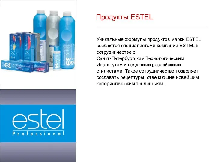 Продукты ESTEL Уникальные формулы продуктов марки ESTEL создаются специалистами компании