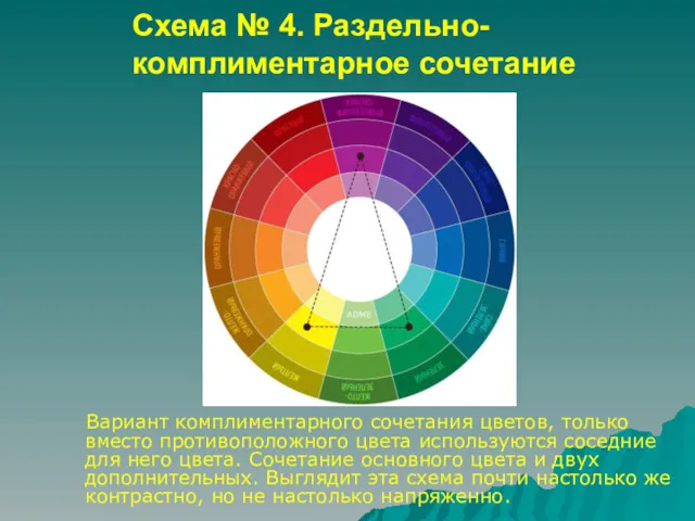 Схема № 4. Раздельно-комплиментарное сочетание Вариант комплиментарного сочетания цветов, только