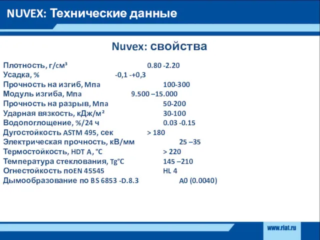 Nuvex: свойства Плотность, г/cм³ 0.80 -2.20 Усадка, % -0,1 -+0,3