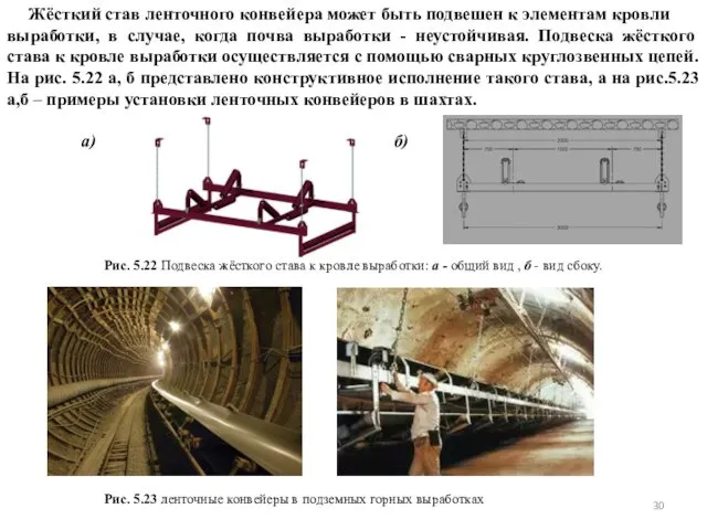 Жёсткий став ленточного конвейера может быть подвешен к элементам кровли