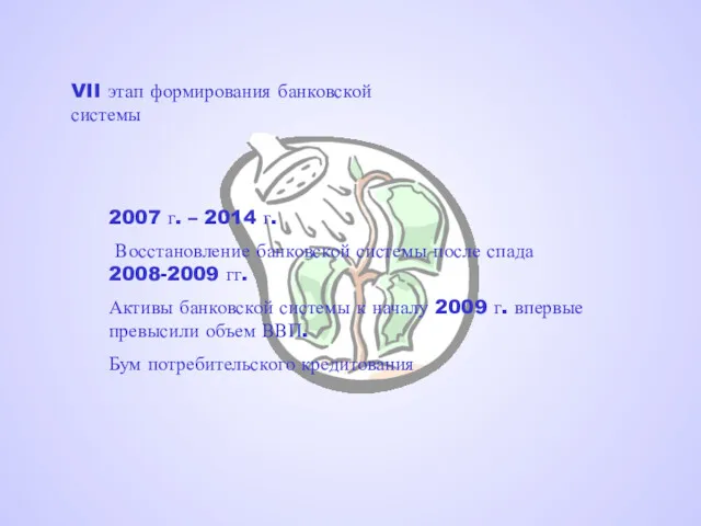 VII этап формирования банковской системы 2007 г. – 2014 г. Восстановление банковской системы
