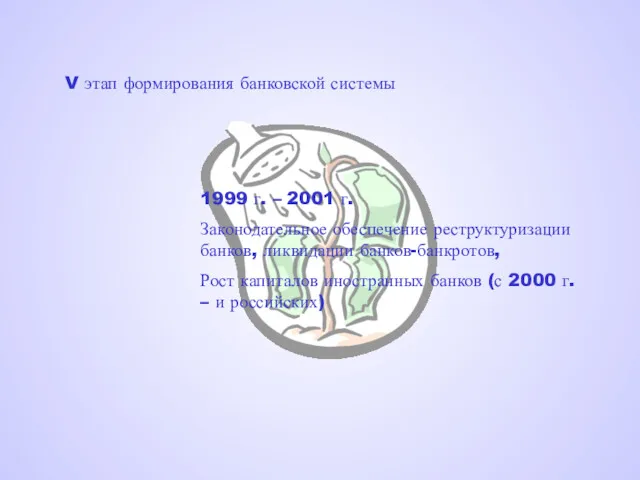 V этап формирования банковской системы 1999 г. – 2001 г. Законодательное обеспечение реструктуризации