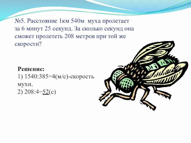 №5. Расстояние 1км 540м муха пролетает за 6 минут 25 секунд. За сколько