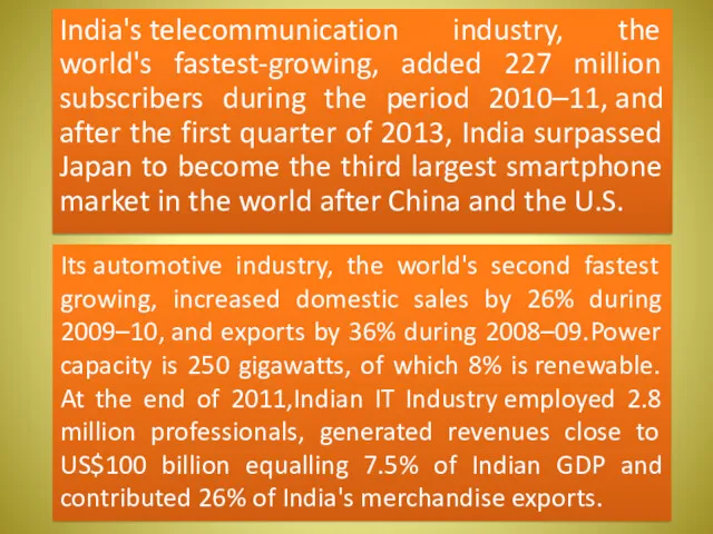 India's telecommunication industry, the world's fastest-growing, added 227 million subscribers