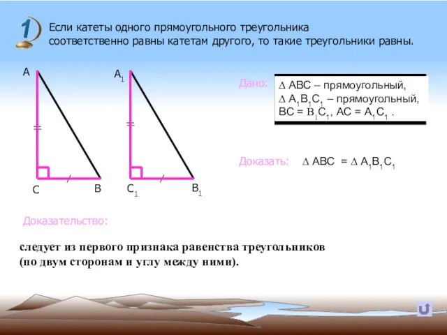 Если катеты одного прямоугольного треугольника соответственно равны катетам другого, то