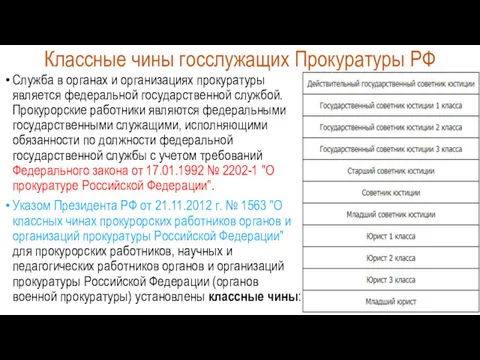 Классные чины госслужащих Прокуратуры РФ Служба в органах и организациях