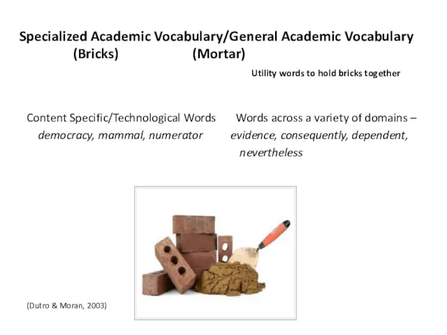 Specialized Academic Vocabulary/General Academic Vocabulary (Bricks) (Mortar) Utility words to