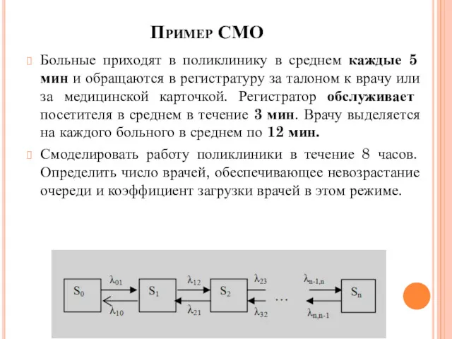 Пример СМО Больные приходят в поликлинику в среднем каждые 5