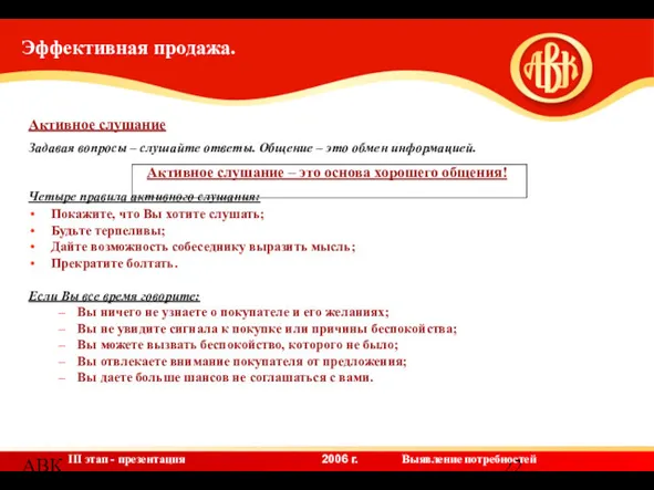 АВК Активное слушание Задавая вопросы – слушайте ответы. Общение –