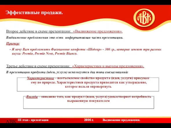 АВК Эффективные продажи. Второе действие в схеме презентации: «Выдвижение предложения».