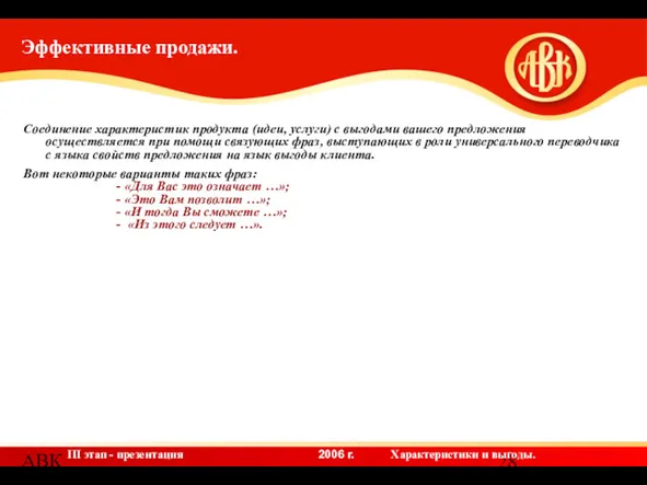 АВК Эффективные продажи. Соединение характеристик продукта (идеи, услуги) с выгодами