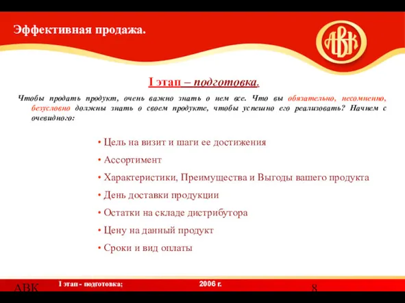 АВК Эффективная продажа. I этап – подготовка. Чтобы продать продукт,