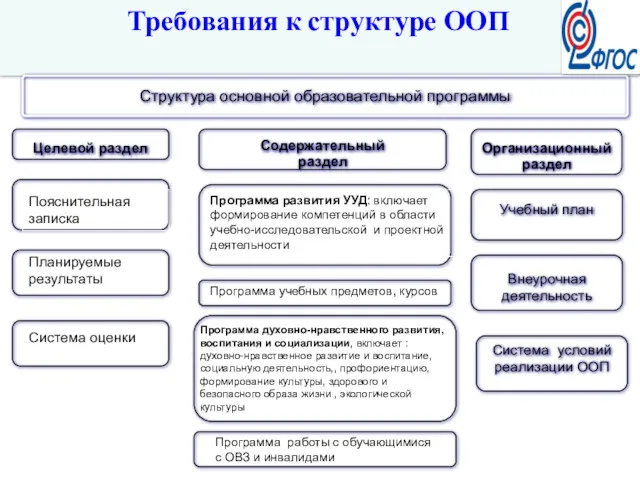 Требования к структуре ООП Структура основной образовательной программы Внеурочная деятельность