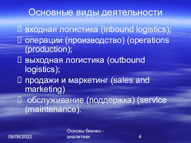 08/06/2022 Основы бизнес - аналитики Основные виды деятельности входная логистика