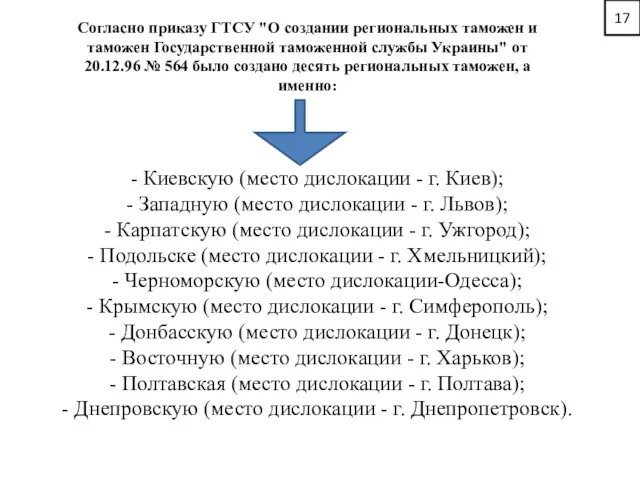 17 Согласно приказу ГТСУ "О создании региональных таможен и таможен Государственной таможенной службы