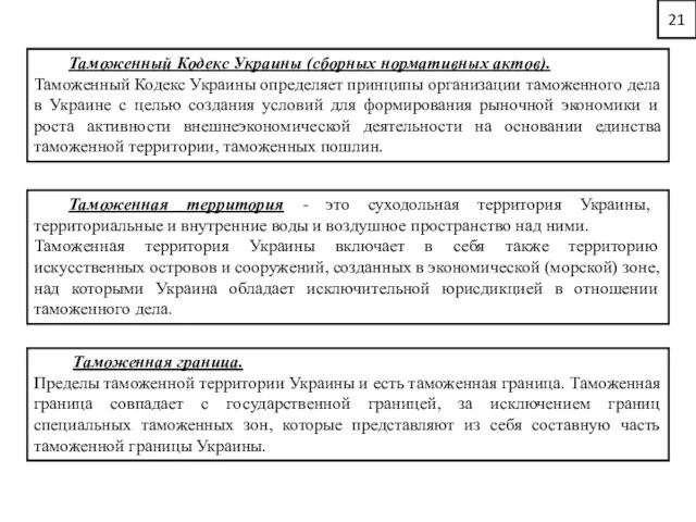 21 Таможенный Кодекс Украины (сборных нормативных актов). Таможенный Кодекс Украины определяет принципы организации