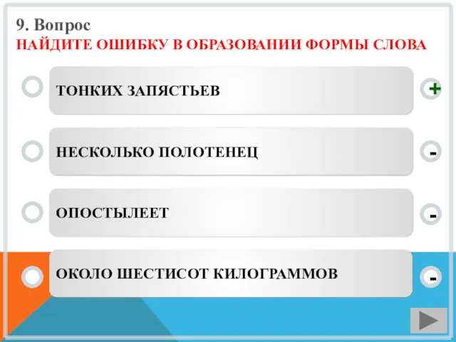 9. Вопрос НАЙДИТЕ ОШИБКУ В ОБРАЗОВАНИИ ФОРМЫ СЛОВА ТОНКИХ ЗАПЯСТЬЕВ