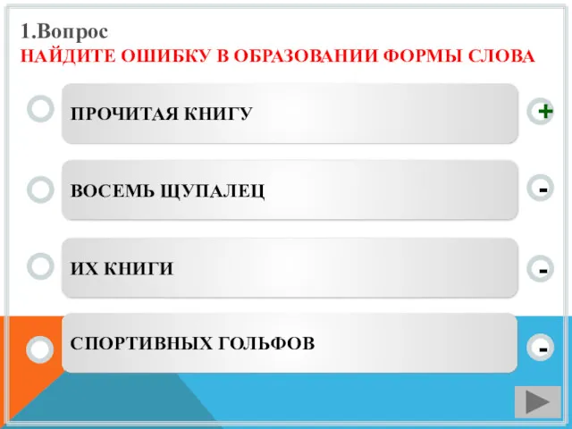 1.Вопрос НАЙДИТЕ ОШИБКУ В ОБРАЗОВАНИИ ФОРМЫ СЛОВА ПРОЧИТАЯ КНИГУ ВОСЕМЬ