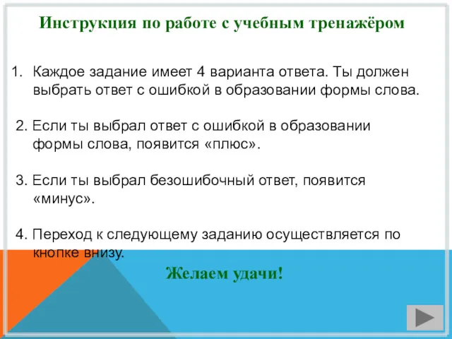 Инструкция по работе с учебным тренажёром Каждое задание имеет 4